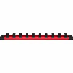 Plastic socket rail with 10 posts and a metal ball detent clip for secure socket retention. Overall width 1-7/16 in. Used for organizing sockets in toolboxes, service trucks, and workbenches for maintenance, repair, and assembly tasks.