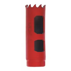Multi-material-cutting hole saw without arbor, 13/16 in diameter. Features 5/6 teeth per inch for balanced cutting in wood, metal, and plastic. Thread size 1/2"-20, maximum cutting depth 1 7/8 in. For use with compatible mandrels in maintenance, fabrication, and installation applications.