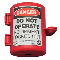 Plastic encasing lockout cover for 3-prong plugs with a maximum plug diameter of 2 in and maximum cord diameter of 1/2 in. Accommodates both 2-prong and 3-prong plug types. Used in industrial lockout/tagout procedures to secure electrical plugs during maintenance, preventing accidental reconnection.