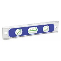 This 9-inch magnetic torpedo level features three vials for level, plumb, and 45° angle measurements with an accuracy of 0.001 inches per inch. The acrylic body with aluminum construction and top and side read vials allows use in tight spaces. Magnets attach to metal surfaces for hands-free operation during layout and installation tasks.
