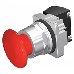 Momentary-action mushroom-head push button with a 30 mm non-metallic profile and 1 normally open (1NO) contact. Pressure plate terminal connection. Suitable for use as a large-target actuator in control panels for start or emergency-stop functions in industrial machinery and automation systems.