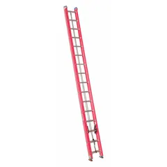 This 32 ft fiberglass extension ladder is non-conductive for use near electrical hazards. It has a 300 lb load capacity, two sections, and a fixed fly. Mar-resistant end caps protect surfaces during positioning.