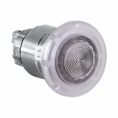 Momentary-action illuminated mushroom-head push-button operator from the XB4 series. Features a metallic push button material and 22 mm mounting size. Suitable for industrial control panel applications requiring a momentary-contact illuminated actuator.