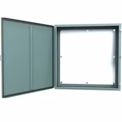 This steel enclosure is rated NEMA 12/13 for protection against dust, dirt, oil, and water seepage. It measures 36 x 36 x 12 inches and includes a solid hinged cover secured by clamps. A panel is provided for mounting equipment. Typical applications include industrial settings such as factories and processing plants where a sealed housing is required.
