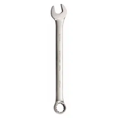 Alloy steel combination wrench with satin finish and offset design. 12-point box end and open end for 50 mm fasteners. Overall length 25 3/4 in for extended reach. Used in industrial maintenance, machining, and assembly for tightening or loosening metric fasteners.