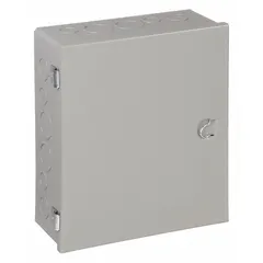 NEMA 1 steel indoor enclosure with hinged solid cover, painted finish, and clamps for closure. Measures 18 x 12 x 4 inches and includes knockouts. Suitable for protecting electrical controls, terminals, and instruments from dust and light impact in dry indoor environments.