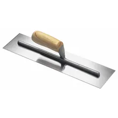 Square-end finishing trowel with a carbon steel blade and wood handle. The 4-inch square blade is suited for smoothing and finishing concrete surfaces, particularly in corners and edges. Ergonomic design for comfortable use in masonry and construction applications.