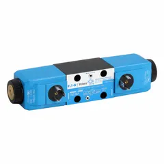 This VICKERS solenoid-operated directional control valve is designed for high-pressure hydraulic systems. It features a D03 NFPA size, three positions, and a tank configuration, with a maximum flow rate of 16 gpm. The valve is electrically operated and suitable for controlling the start, stop, and direction of fluid flow in industrial hydraulic circuits.