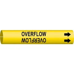 Yellow snap-on pipe marker with black 'Overflow' legend and directional arrows. Fits pipe outer diameters from 3/4 to 1-3/8 inches. Used to identify overflow lines in piping systems for clear visual communication of pipe contents.