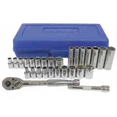 This 28-piece socket set includes 6-point sockets in both SAE and metric sizes, ranging from 4 mm to 13 mm, with a 1/4-inch drive. It comes with drive tools and deep sockets for accessing recessed fasteners. Suitable for tightening and loosening bolts in automotive, machinery, and general assembly tasks.
