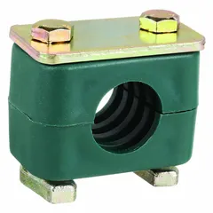 Steel clamp with polypropylene cushion for single-line routing. Ribbed bore design dampens vibration and reduces noise in piping systems. Suitable for hydraulic, pneumatic, and process applications.