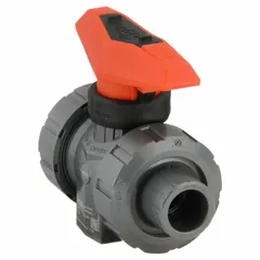 PVC ball valve with straight body, full port ball port, and FNPT x FNPT connections. Features a lever handle for manual operation. Used to start, stop, or redirect flow in water, chemical, and corrosive fluid handling systems.