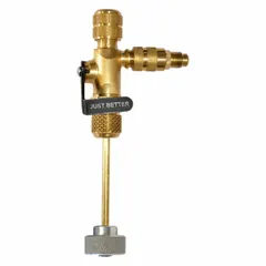Brass valve core remover with 1/4 in Male SAE connections on both ends, designed for charging applications in refrigeration systems. Includes a torque knob for proper sealing during valve core removal or installation.