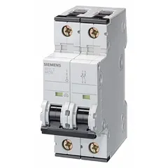 This 2-pole supplementary protector from the Siemens 5SY6 series features a C-curve trip characteristic, rated at 0.3 A and 400 V AC with a maximum interrupting rating of 5 kA at 400 V AC. It is UL1077 recognized for use in industrial control panels, HVAC equipment, and motor starter circuits. The unit mounts on a DIN rail and uses screw-clamp terminals for wiring.