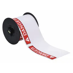 DANGER header precut label roll for indoor/outdoor use. White vinyl material with acrylic adhesive. Compatible with S3700 printer series. Used to create hazard communication labels on equipment, panels, and barriers in industrial facilities.