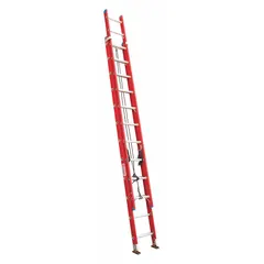 Fiberglass extension ladder with two sections and a fixed fly. Rated for 300 lb load capacity, weighing 50 lb. Non-conductive construction supports use in electrical and industrial maintenance tasks. Red finish with mar-resistant end caps.