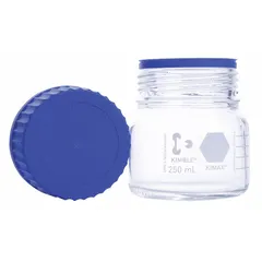 This 250 mL glass media bottle features a wide mouth with a GLS 80 screw-on closure, which is included. The colorless glass body allows clear visibility of contents. Suitable for storing, mixing, and dispensing culture media, buffers, and reagents in laboratory settings.