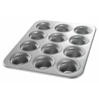 Muffin pan with 12 slots for baking muffins or cupcakes. Made of aluminized steel with a silver finish. Overall width of 13 1/2 inches. Suitable for commercial or home kitchen use