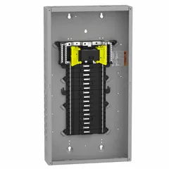 This 100A main breaker load center is rated for 120/240V AC, 1-phase, with a 22 kA short-circuit current rating. It provides 32 spaces and supports up to 6 tandem breakers, featuring a plug-on neutral design for indoor use. The enclosure cover is ordered separately. Typical applications include residential and light commercial electrical distribution.