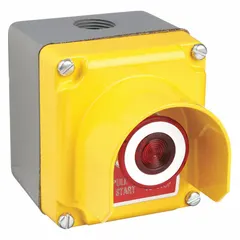 This control station features a red mushroom head push button with Emergency Stop legend, configured as a single operator with one normally closed (1NC) contact. No pilot lights are included. It is used as an emergency stop device in industrial machinery and automation systems to provide a quick, accessible means of cutting power.