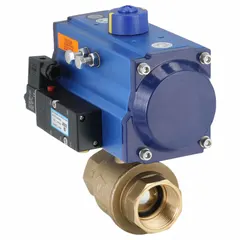 This pneumatically-actuated two-way ball valve features a brass body with 1-1/2 inch female NPT threaded ends. It is operated by a pneumatic actuator with a 115V AC pilot solenoid, enabling remote on/off flow control in industrial fluid systems handling water, oil, or gas.