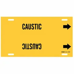 Yellow pipe marker with black legend text identifying caustic contents. Fits pipe outer diameters from 8 to 9-7/8 inches and includes directional arrows. Used for hazard communication in industrial piping systems.