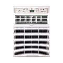 Residential-grade cooling-only window air conditioner rated at 10,000 BtuH for spaces up to 450 sq ft. Operates on 115V AC with a NEMA 5-15P plug and slide-out chassis. CEER rating of 12. Includes remote control.