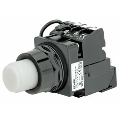 Momentary-action illuminated push button with extended profile for 30 mm panel cutouts. Non-metallic construction with 1NO/1NC contact configuration. Provides visual status indication in industrial control panels and operator stations.