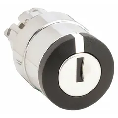 The SCHNEIDER ZB4BG2 is a 22 mm panel-mounted key switch from the XB4 series with maintained/maintained switch action and key removal in the left position. It is supplied without contacts, requiring separate contact blocks. This key switch is used for secure machine control access in industrial automation and process control applications.