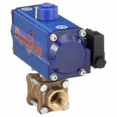 This bronze pneumatically-actuated two-way ball valve has 1-inch FNPT female connections and a 115V AC pilot solenoid. It is used for on/off flow control in industrial piping systems, enabling remote operation in automated processes such as water treatment, chemical processing, and HVAC applications.