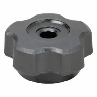 Five-arm snap-lock knob with a 1.72 in diameter and 1/4"-20 thread. Plastic body with steel thread insert. Used for manual adjustment and locking on machinery, jigs, and fixtures