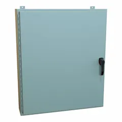 Steel enclosure with solid hinged cover and handle closure, rated NEMA 12/13/3R/4 for protection against dust, falling dirt, rain, and hose-directed water. Measures 42 x 36 x 8 inches. Suitable for housing electrical controls in industrial environments requiring washdown capability. Knockouts not included.