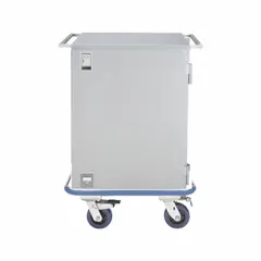 This surgical case cart features a rubber and stainless steel construction with (2) swivel and (2) total locking casters in silver. Designed for secure transport of surgical instruments and supplies in healthcare environments, the cart provides stable movement and contamination control between operating rooms and sterile processing departments.