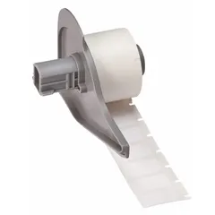 Vinyl precut label roll for permanent wire identification. Black on white, 1/2 in x 1 in size, designed for 12 AWG to 10 AWG wire gauge. Compatible with BMP71 printer series; requires M7-R6200 ribbon. Suitable for labeling wires in control panels and electrical installations.