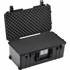 This lightweight suitcase-style case has interior dimensions of 10 3/4 in x 21 5/8 in x 9 in and features a press-button closure. It includes convoluted, pick and pluck, and solid foam layers in black for custom cushioning. Suitable for transporting sensitive equipment such as electronics, instruments, or tools during shipping or field use.