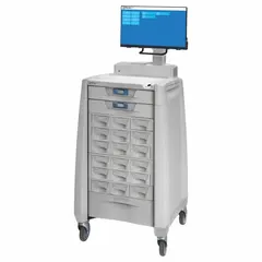 This mobile workstation is constructed of polymer with a cream finish. It features two swivel casters and two swivel casters with brakes for maneuverability and stability. The unit includes cream-colored drawers for storage. Commonly used in healthcare settings for transporting and accessing medical supplies at the point of care.
