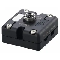 This AS-Interface active power distribution box connects AS-i flat cable to M12 connectors for industrial automation networks. It distributes power and data to sensors and actuators, rated for 31.6V DC and 2 A, with IP65 protection for factory-floor environments
