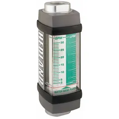 This HEDLAND H613A-010 is an inline variable-area flowmeter with a scale display, designed for water-based fluids. It features NPTF connections, Viton seals and O-rings, universal mounting orientation, and +/-2% accuracy. Flow measurement is in liters; no pressure gauge or flow adjustment knob included. Typical applications include industrial cooling systems, water treatment, and process monitoring.