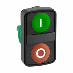 Non-illuminated, flush profile push-button operator with two buttons and 22 mm mounting size. Momentary/momentary contact operation. Non-metallic construction with 'O' marking. Suitable for control panel applications requiring dual-function actuation.