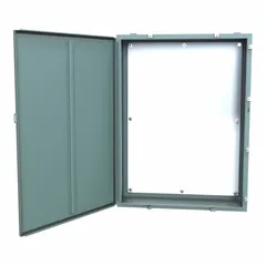 This steel washdown enclosure measures 48 x 36 x 12 inches and is rated NEMA 12/13/3R/4 for protection against dust, water, and corrosion. It features a solid cover with an included panel and clamp closure. Knockouts are not provided. Suitable for industrial environments requiring enclosure of electrical controls and instrumentation.