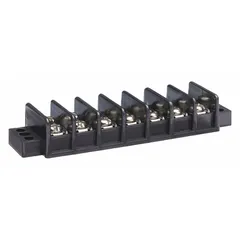 This 7-pole surface mount barrier strip accepts wire sizes from 22 AWG to 10 AWG and is rated for a maximum current of 30 A. It is designed for secure wire connections in control panels, power distribution, and electrical enclosures. Cover not included.