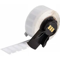 Precut label roll for industrial identification. White gloss polyester material. Compatible with BMP71 printer using Media Adapter. Used for labeling equipment, panels, and cables.