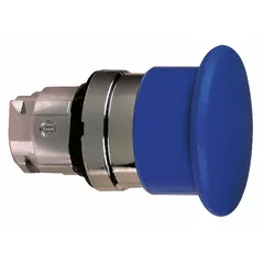 Momentary push-button operator with blue mushroom-head actuator from the XB4 series. Metallic construction with 22 mm mounting size. Used in industrial control panels for machine start, reset, or signaling functions.