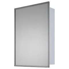 Rectangular mirrored medicine cabinet with a glass body and a stainless steel frame in a bright annealed silver finish. Overall dimensions: 16 in width, 22 in height, 4 in depth. Suitable for bathroom storage and grooming areas where a reflective surface and organized storage are needed.