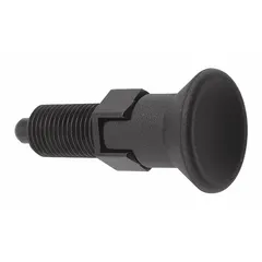 This locking pull-knob indexing plunger is made of steel with an M16x1.5 thread. It provides a nose force range of 15 N to 35 N for precise positioning and locking of machine components such as jigs, fixtures, and adjustable stops in industrial manufacturing and automation applications.