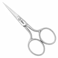 All-metal scissors with straight, pointed steel blades and a silver finish. Overall length of 3 1/2 inches. Suitable for precision cutting tasks such as trimming wires, insulation, and small components in electronics assembly and repair.