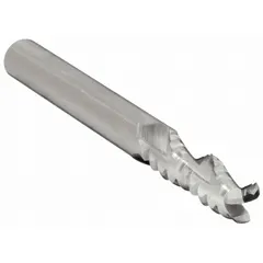 Solid carbide roughing end mill with corner chamfer for nonferrous materials. Three-flute design with 0.024" chamfer, 1/4" cutting diameter, 3/4" length of cut, and 2-1/2" overall length. Used for high-speed material removal in machining and fabrication of nonferrous workpieces.