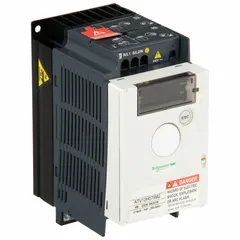 The SCHNEIDER Altivar ATV12H075M2 is a variable frequency drive designed to control the speed and torque of three-phase motors. It accepts single-phase 200-240V AC input and delivers three-phase 200-240V AC output, rated at 1 hp. The drive features a heat sink style, IP20 protection, and a black/blue/gray color. Typical applications include conveyors, pumps, and fans.