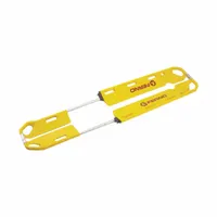 This scoop stretcher features a yellow aluminum frame with polypropylene straps, designed for patient immobilization and transport. It has a maximum weight capacity of 350 lb and dimensions of 79 in length by 17 in width. The foldable design allows for compact storage and easy deployment in emergency medical settings