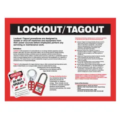This 17 in x 22 in lockout tagout poster is printed in English with a clear film laminate protective coating. It is designed for display in industrial settings to communicate lockout/tagout procedures, helping prevent accidental equipment startup during maintenance. The laminate resists dirt and moisture, suitable for workshops and plants.